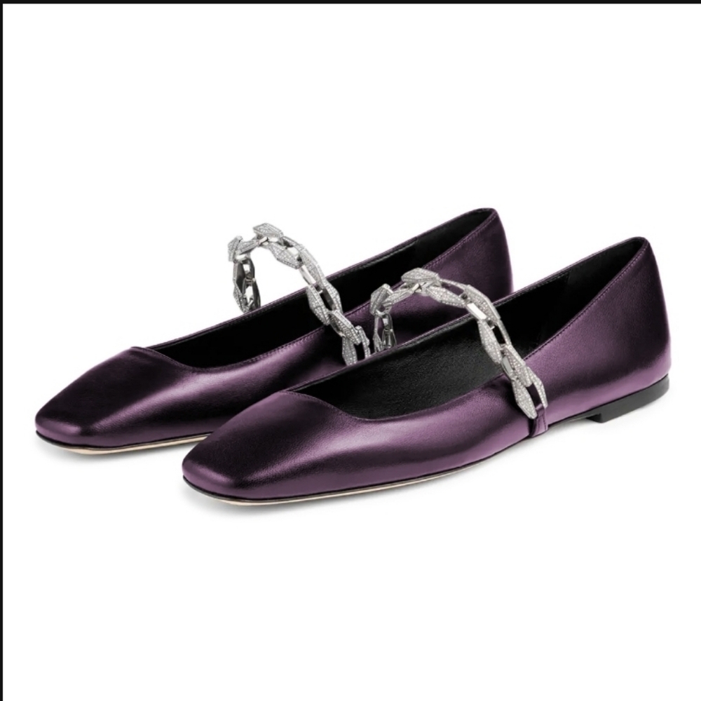 Purple Square Toe Ballet Flats with Rhinestone Chain Strap Design